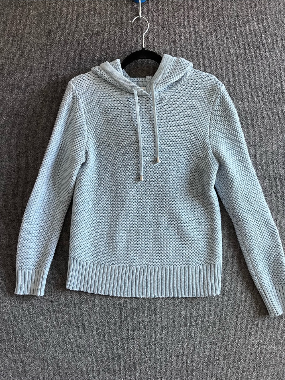 Nicole Miller New York Blue Open Knit Hooded Sweater Pullover Women’s Small